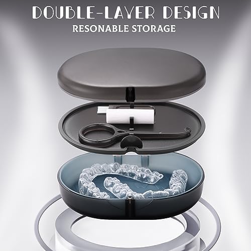 New Double-layer Retainer Storage Case with Belt Chewing,Removal Tool,Cleaning Brush,Built in Mirror Orthodontic Retainer Case