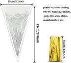 100 Pieces Popcorn Bags for Party Cone Shape Bags Transparent Cello Bags Sweet Clear Treat Bags with 100 Pieces Twist Ties, 5.1 x9.8 Inch (Gold Twist Ties)