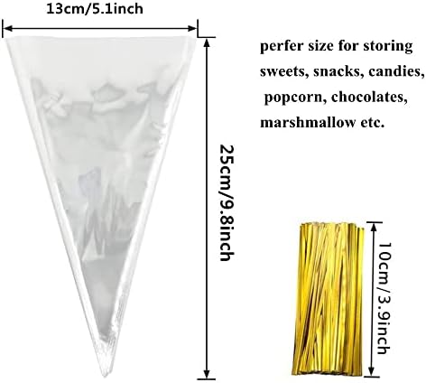 100 Pieces Popcorn Bags for Party Cone Shape Bags Transparent Cello Bags Sweet Clear Treat Bags with 100 Pieces Twist Ties, 5.1 x9.8 Inch (Gold Twist Ties)