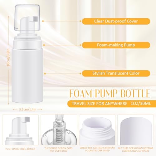 50 Pcs Foam Pump Bottles 1oz/30ml Plastic Mini Empty Dispenser Refillable Travel Soap Foaming Bottles for Lash Shampoo Hand Soap Cosmetics Portable Travel Pack(White)