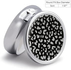 Black Leopard Print Pill Box, Small Pill Organizer with 3 Compartments and Mirror, Fun Round Portable Travel Metal Pill Case