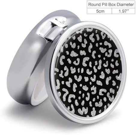 Black Leopard Print Pill Box, Small Pill Organizer with 3 Compartments and Mirror, Fun Round Portable Travel Metal Pill Case
