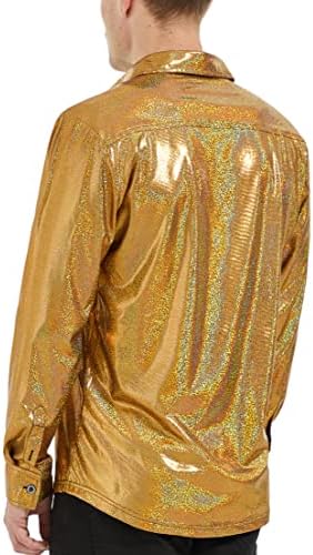 WULFUL Men Dress Shirt Sequins Long Sleeve Button Down Shirt Luxury Disco Party Nightclub Christmas Prom Costume