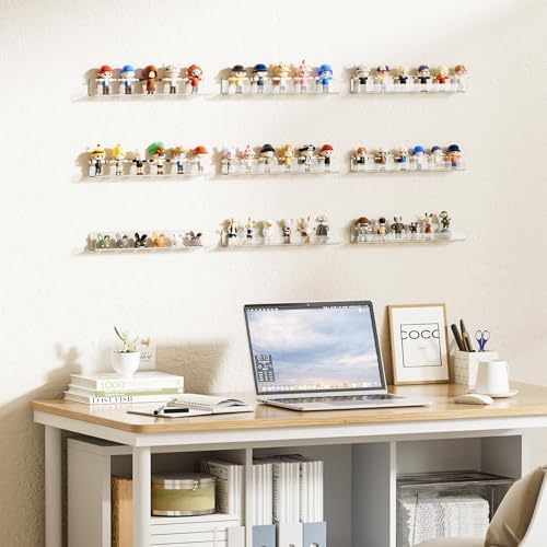 upsimples 6 Pack Clear Acrylic Shelves, 1.7" x12" Clear Wall Shelves for Nail Polish, Vinyl Wall Mount, Record Holder, Magazine Rack, Comic Display, Picture Ledge Shelf Décor