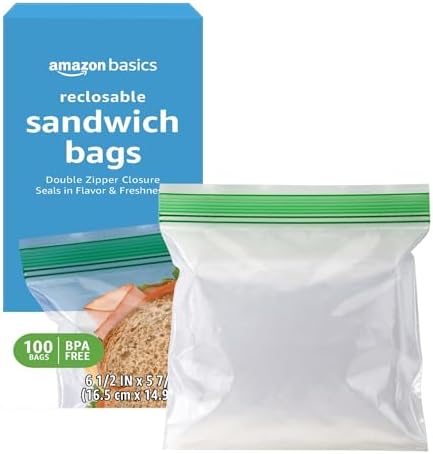 Amazon Basics Reclosable Double Zipper Sandwich Storage Bags for Food Storage, BPA Free, 100 Count