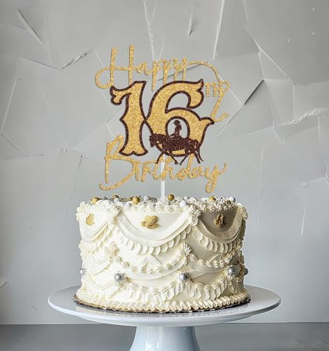 Western Happy 16th Birthday Cake Topper, Cowgirl 16th Birthday Party Decorations, Western Cowgirl Themed Cake Decoration, Cheers to 16 Years Birthday Decor Gold Glitter