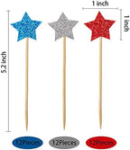 36 Pieces Glitter Star 4th of July Cupcake Toppers Glitter Gold Star Cakes Toppers for Independence Day 4th of July Party Supplies Favors(Blue Red White)