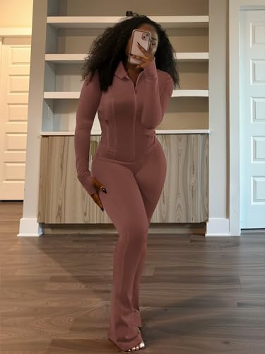 Ophestin Women 2 Piece Outfits Fall Long Sleeve Zip Up Jacket Flare Legging Workout Sets with Pockets Tracksuit Active