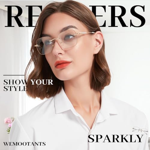 2 Packs Rimless Blue Light Blocking Reading Glasses for Women, Sparkling Metal Computer Readers