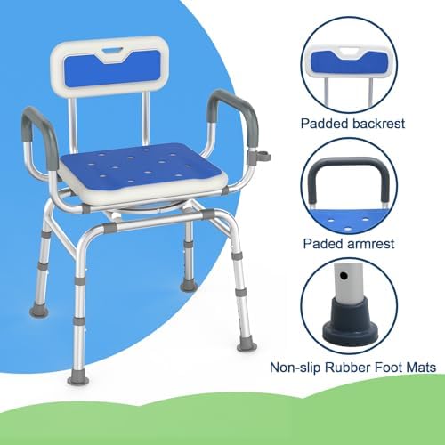 Loyoda 360 ° Swivel Shower Chair,Portable Rotating Shower Seat with Padded Armrests and Backrest, Adjustable Bathtub Height Seat,Support 400lbs