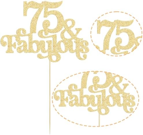 Ephlyn 1Pc 75 & Fabulous Cake Topper Glitter Seventy Five and Fabulous Cake Toppers Happy 75th Birthday Cake Pick for 75th Wedding Anniversary Birthday Party Decorations Supplies Gold