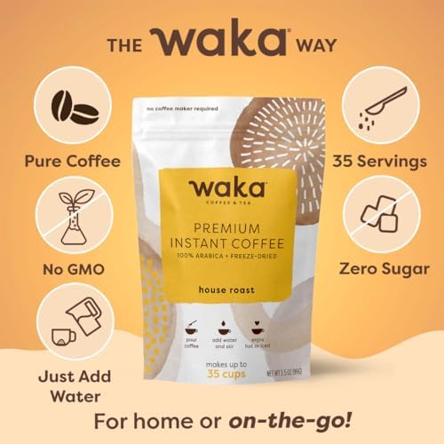 Waka Premium Instant Coffee Pouch — 100% Arabica Freeze Dried Beans — For Hot or Iced Coffee (3.5 Ounces, House Roast)