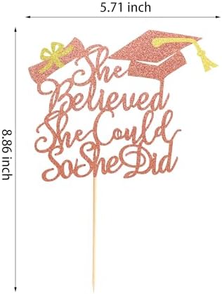 Arthsdite 1Pc She Believed She Could So She Did Cake Topper, 2026 Graduation Cake Topper, Graduation Decorations for Girls, High School/College/University Graduation Decoration - Rose Gold Glitter
