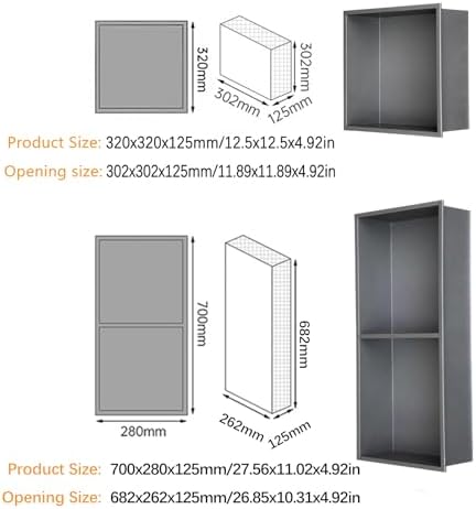Double Compartment Bathroom Shower Niche, 304 Stainless Steel Recessed Storage Organizer, Waterproof Wall Shelf for Storage Over-Mounted Installation,Gray,12.5x4.9in