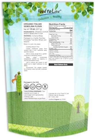Food to Live Organic Italian Semolina Flour, 8 Ounces - Premium Durum Wheat, Perfect for Pasta and Pizza Dough, Ideal for Authentic Italian Recipes.