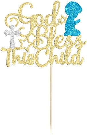 Gyufise 1 Pack God Bless This Child Cake Topper Glitter First Communion God Bless Boy Cake Pick Decorations for Baptism Baby Shower Birthday Christmas Party Decorations Supplies