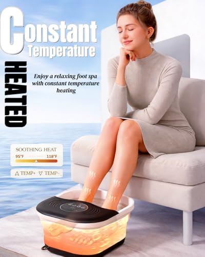 Collapsible Heated Foot Spa with Bubble and Red Light Temperature Control Foot Bath Massager and Soaking Tub Featuring 8 Shiatsu Massage Rollers Pumice Stone and Built-in Timer Ideal Gift for Wife,Mom