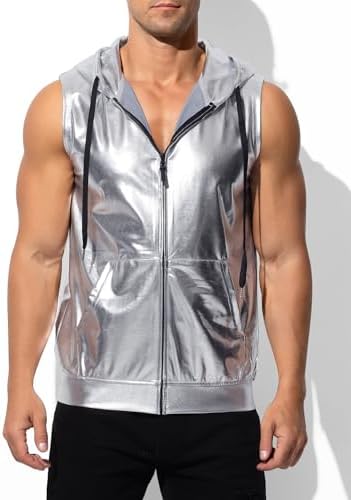 Arjen Kroos Men's Metallic Hoodie Vest Sequin Zip Up Sleeveless Rave Disco Shiny T Shirt with Pockets