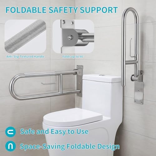 U-Shaped Toilet Grab Bar, Flip-Up Bathroom Safety Rail with Paper Holder, Wall Mounted Anti-Slip Support Handle for Elderly, Disabled & Post-Surgery Assistance (Brushed Nickel, 30 Inch)