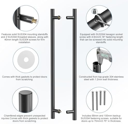 36 Inch Push Pull Door Handle, Double Sided Long Barn Door Pull Handle, Heavy Duty 304 Stainless Steel Commercial Door Handle for Wooden Glass Metal Home Office Doors (Round Shape Bar)