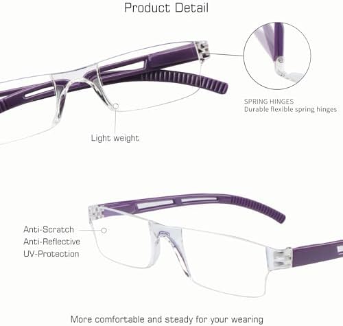 VisionGlobal 2 Pairs Reading Glasses, Blue Light Blocking Glasses, Computer Reading Glasses for Women and Men, Fashion Square Eyewear Frame (2purple,+1.75 Magnification)