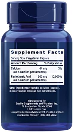 Life Extension Pantothenic Acid, 500 mg, Vitamin B5, Calcium, Support Healthy Metabolism, Mitochondrial Energy Production, Gluten-Free, Non-GMO, Vegetarian, 100 Capsules