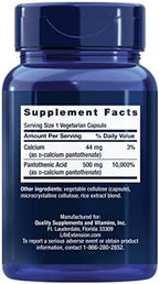 Life Extension Pantothenic Acid, 500 mg, Vitamin B5, Calcium, Support Healthy Metabolism, Mitochondrial Energy Production, Gluten-Free, Non-GMO, Vegetarian, 100 Capsules