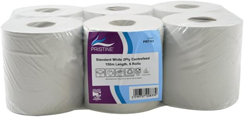 Pristine Standard Blue 2-Ply Centrefeed Roll 150m, 100 Percent Recycled Fibres, Suitable for Light-Duty Wiping and Spillages, FSC Certified, UK Made (Case of 6)