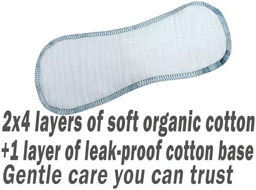 Reusable Washable Sanitary Pads, Organic Cotton Liners, Soft and Breathable, Leak-Proof Lining + Storage Bag. Suitable for Heavy Menstrual Flow and Urinary Incontinence.(19CM, Count, 5+1)