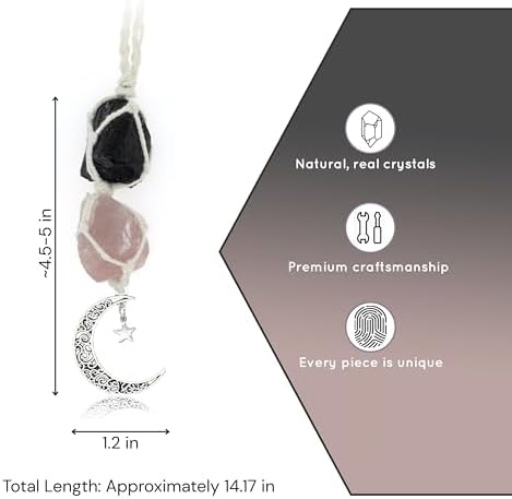BOHO GARDEN Hanging Car Charm - Black Tourmaline & Rose Quartz - Dangling Moon, Healing Crystal Accessories, Rearview Mirror Decorations - Grounding, Confidence, Protection, Love, Self-Worth, Energy