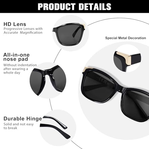 FONHCOO Progressive Multifocal Sunglasses for Women, Square No Line Reading Sunglasses Outdoor Sun Readers UV400 Protection