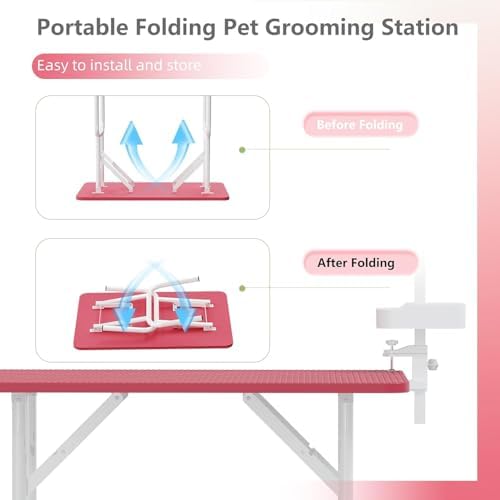 Majnesvon 36 Inch Foldable Pet Grooming Table with Adjustable H-Frame Arm, Storage Tray, 2 Nooses (Pink)