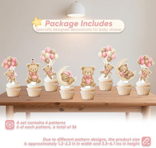 Pink Bear Cupcake Toppers 36 Pcs - Baby Shower Gender Reveal Decor, "We Can Bearly Wait" Party Cake Supplies