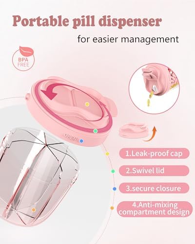 Pill Organizer with 7 Compartments, Pill Dispenser Case for Holding 7 Different Vitamins, Anti-Mix Design for Easy Medication Retrieval. Travel Pill Organizer with 20 Labels. Pill Container-Pink