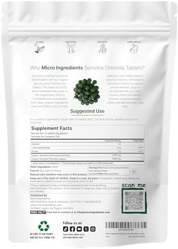 Micro Ingredients Organic Spirulina Chlorella Mini Tablets, 2,500 Tablets (8 Month Supply) | 50/50 Blend Superfood | Cracked Cell Wall for Better Absorption | Rich in Vegan Protein & Chlorophyll