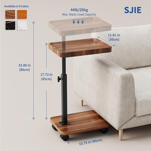 C Table End Table Adjustable Height, 360°Swivel TV Tray Table for Small Spaces, Side Tables with Wheels for Living Room and Bedroom, Bed (Walnut) | Adjustable Height, 360°Swivel, for Small Spaces, Couch Tables, That Slide Under, with Wheels