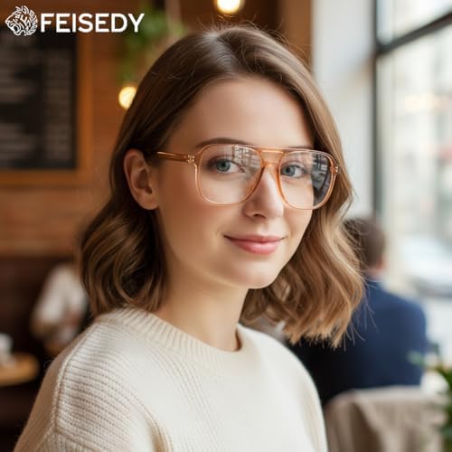 FEISEDY Blue Light Reading Glasses for Woman Men, Fashion Square Pilot Computer Glasses, Anti Eyestrain Glare Readers B0318