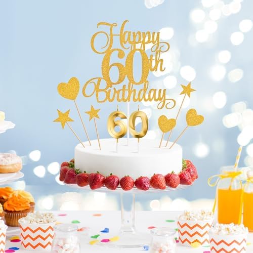 60th Birthday Cake Toppers, 60th Birthday Candles Numeral Candles and Glitter Cake Decorations Toppers Set for Party Supplies (Gold)