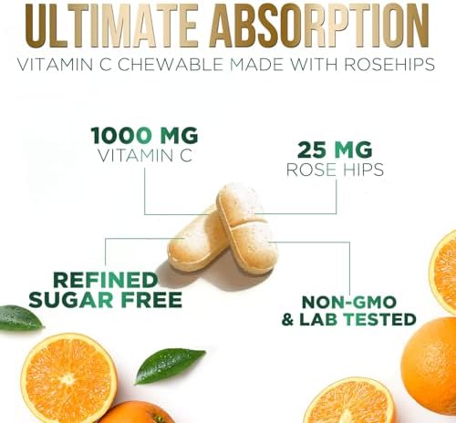 Vitamin C 1000mg Per Serving Chewable - Sugar Free - Extra Strength Antioxidants - Natural Immune Support Supplement with Vitamin C & Rose Hips, Powerful Vit C Chews, Tasty Orange Flavor - 120 Tablets