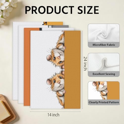 4 Pcs Funny Hamster Donkey Kitchen Towels Cute Elephant Duck Decorative Dish Tea Towels for Farmhouse Kitchen Bathroom Home Decor, Waffle Hand Towel, Animal Lover Gifts for Women Friend 14x24 Inches