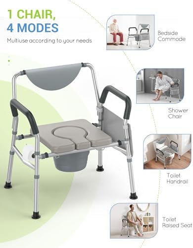 Heavy Duty Bariatric Commode, 4-in-1 Portable Bedside Commode or Over-Toilet Chair, Extra-Wide | Adjustable Height | Easy to Clean, Handicap Commode Chair for Eldery, Disabled People