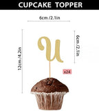 26 letter Cupcake Topper - 24 Pack Glitter Gold letter U Cupcake Decorations, Suitable for Birthday Party, Wedding Anniversary or Photo Booth Props (U)