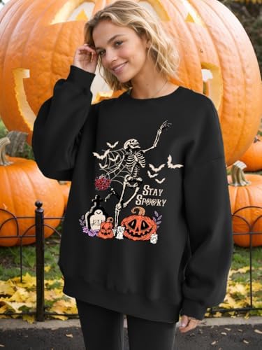 Halloween Sweatshirt for Women Oversized Dancing Skeleton Shirt Spooky Skull Graphic Pullover Pumpkin Gift Top