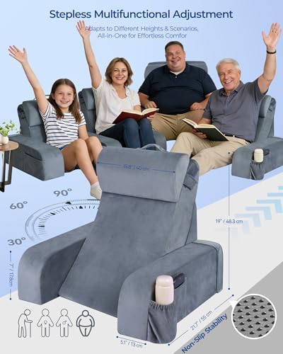 Reading Pillow with 30-90° Stepless Adjustable Angle & Height, 2 in 1 Back Wedge Pillow for Bed Sitting up with Detachable Arms Rest, Backrest Pillow for Reading/Gaming/Working in Bed or Couch, Medium