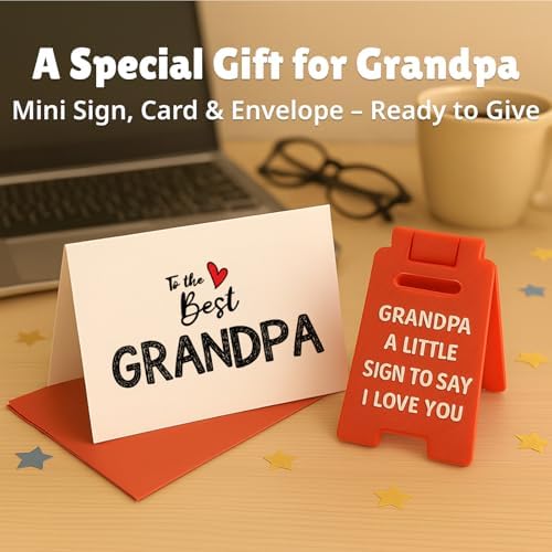 Grandpa Gifts, Unique “To the Best Grandpa” Card & Mini Road Sign Set, Thoughtful Gift from Grandkids, Fathers Day Retirement Present for Him, Desk Decor with Envelope