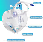 Urinary Drainage Bag with Anti-Reflux Chamber, Bedside Drainage Bag 2000 mL with 48" Drainage Tube, Hook Hanger and Clips, Urine Bag with Metals Buckle for Home and Hospitals, 5 Pack