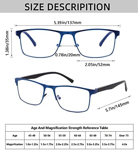 4-Pack Blue Light Blocking Reading Glasses for Men Stylish Metal Frame Readers with Comfort Spring Hinges Anti Glare UV Filter Eyeglasses, +2.0 STRENGTH