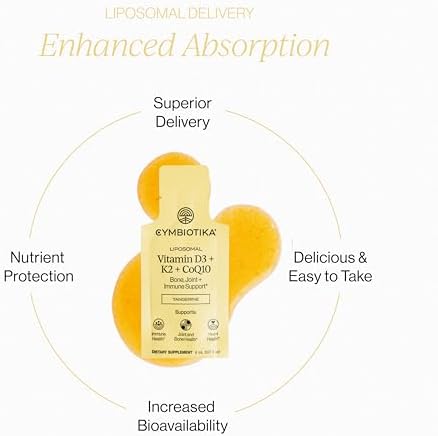 CYMBIOTIKA Liposomal Vitamin D3 + K2 + CoQ10 Liquid Supplement, Enhanced Absorption, Joint + Bone Health, Immune Support, Heart Health, Gluten Free, Soy Free, Plant-Based, 28 5 mL Packets
