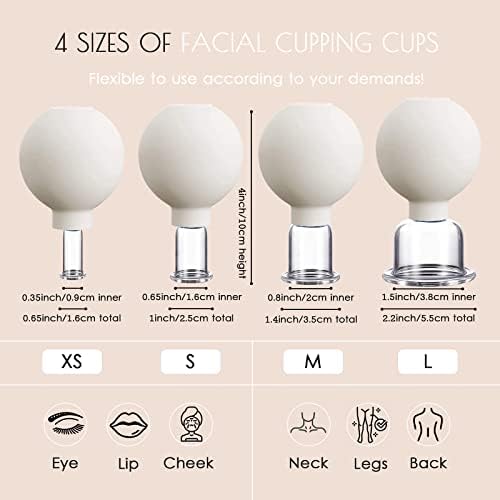 4PCS Glass Facial Cupping Set, Anti Aging Face Cupping Cups for Face & Neck Lift, Glowing Skin - Rejuvenation, Lymphatic Drainage, Facial Vacuum Suction Cups (White)