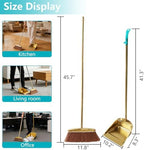Broom and Dustpan Set Heavy Duty, Gold Stainless Steel Broom with Dustpan Combo Set, Long Handle Upright Metal Dust Pan with Comb Teeth for Pet Hair, Home, Kitchen and Office (Golden Teeth)
